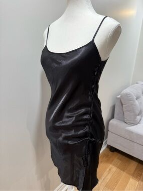 La Vie en Rose Black Satin Slip Dress with Side Tie Detail